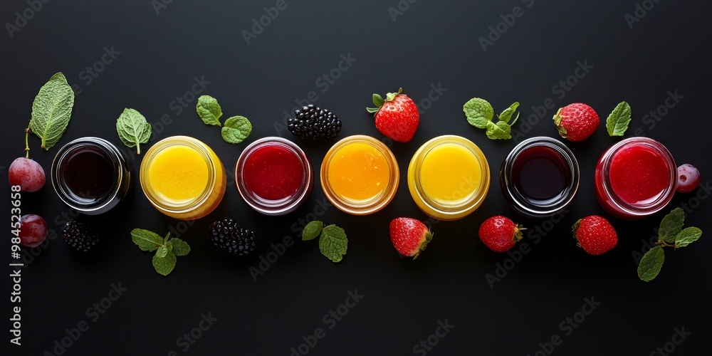 Poster a vibrant array of colorful juices lined up in glass jars against a dark background. fresh fruits an