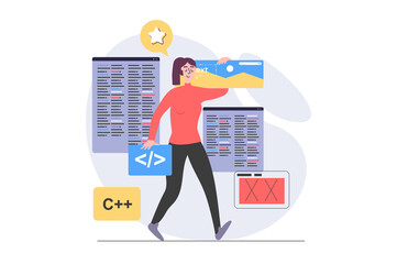 App development concept in modern flat design for web. Woman designer programming and engineering software product, testing and fixing code, placing content at homepage mockup. Illustration.