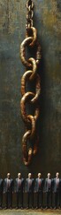 Fototapeta premium A powerful visual of small figures standing beneath a heavy chain, symbolizing oppression and the weight of responsibility.
