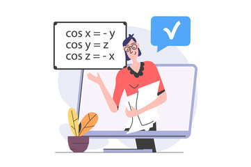 Back to school concept in modern flat design for web. Teacher explaining math lesson information in video for online students, making mathematics tutorials for remote class. Illustration.