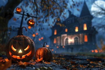Illuminated Jack-o'-Lantern with Haunted House in the Background