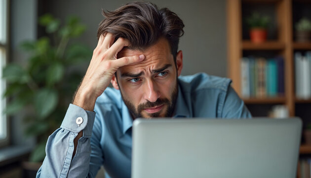 Serious frustrated businessman touching head with hand looking at laptop pc sitting at desk in home office. Puzzled freelance employee feeling tired exhausted, chronic work stress, having headache