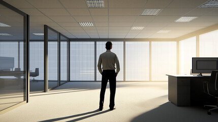 Businessman standing alone in an empty office, reflecting on closure, void of furniture, sunlight streaming through windows, capturing poignant moment of transition and loss