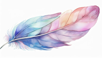 Fototapeta premium Watercolor painting of soft pastel colored feather isolated on white background. Hand drawn