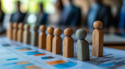 A collection of wooden figurines represents teamwork and collaboration, set against a backdrop of charts and graphs, symbolizing business dynamics.