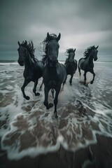 Fototapeta premium Majestic Black Horses Galloping Wildly Through Ocean Waves. AI Generated. AI Generated