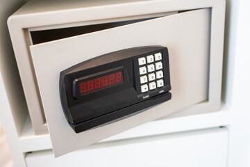 Steel safe with an electronic lock at hotel