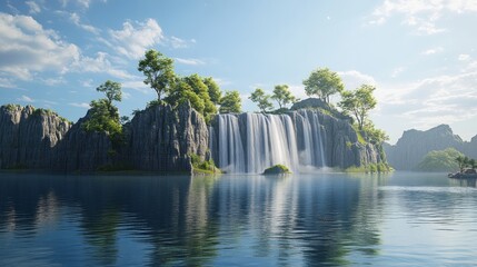 Naklejka premium The surreal scene depicts a floating island landscape with lakes, waterfalls, trees, and green grass.
