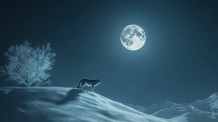 Naklejka premium A majestic wolf perched atop a snowy summit, bathed under the silver glow of the full moon, with a solitary tree framing the foreground