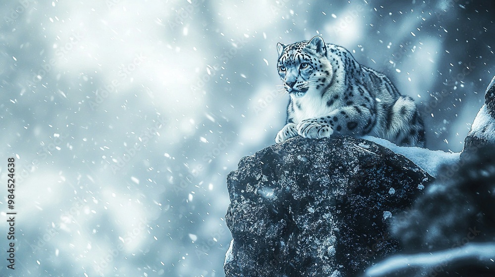 Sticker   A snow leopard rests atop a rock amidst a snowy woodland as flakes cascade around