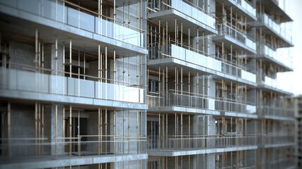 Detailed depiction of a high-rise apartment building under construction, focusing on the balconies and window installations