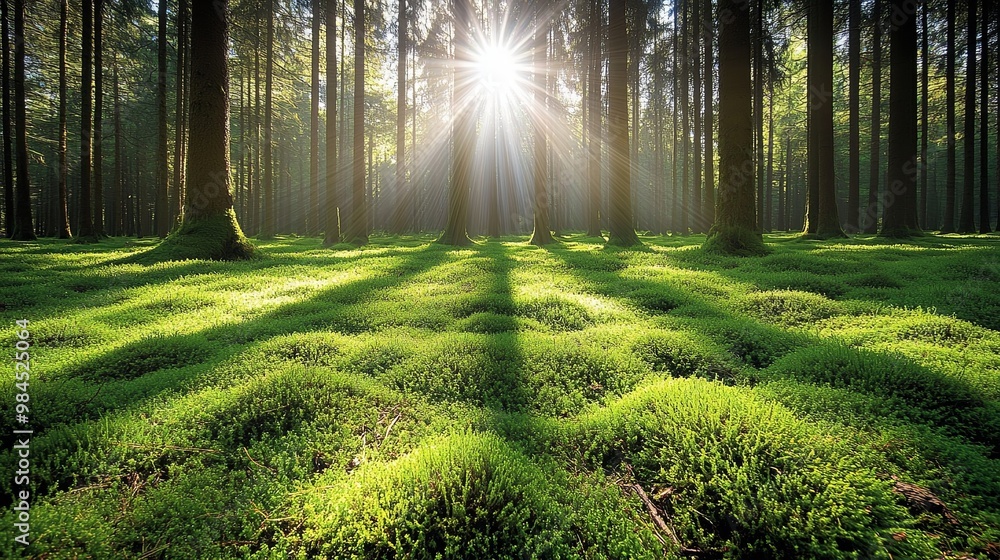 Wall mural Sunlight filtering through a dense forest canopy creates long shadows on a carpet of lush green moss