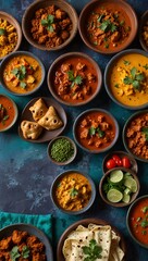 Indian food with vibrant curries and dips on colorful tile background.
