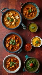 Indian food with vibrant curries and dips on colorful tile background.