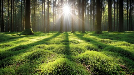Sunlight filtering through a dense forest canopy creates long shadows on a carpet of lush green moss