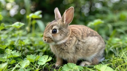 A brown and white rabbit sits in a patch of green grass, looking to the side.