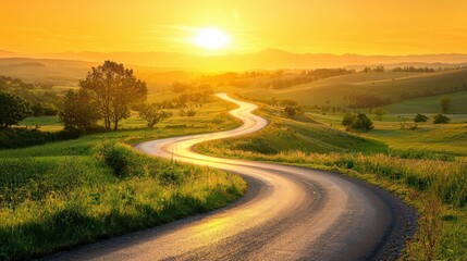 A winding road in a grassy field with a sun setting in the background
