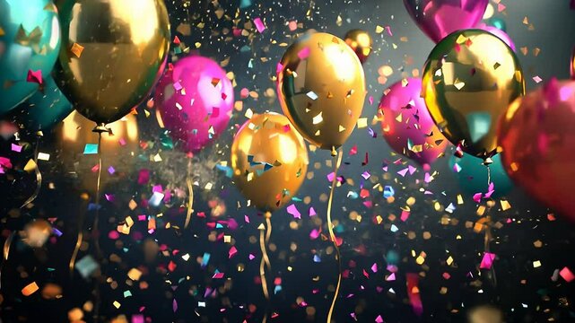 Happy birthday background. Flying golden balloons from bottom to top. Best wishes.