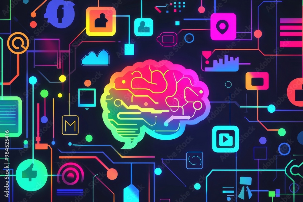 Poster brain-computer interface enables seamless control and interaction. stock illustration.