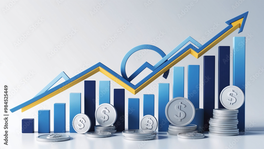 Poster rising bar chart with coin stacks and arrow