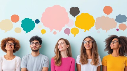 A diverse group of five young adults pondering mental health, each with colorful thought bubbles expressing individual emotions and concerns in a bright indoor setting