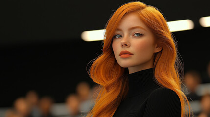 Obraz premium A young woman with long, flowing red hair looks intensely at the camera.