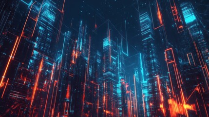 Obraz premium A futuristic cityscape with glowing neon elements and abstract structures.