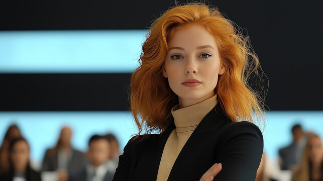 Confident redhead businesswoman stands with arms crossed in front of an audience.