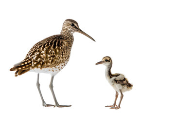 Fototapeta premium A nurturing moment between a mother shorebird and her chick in a calm indoor setting during early morning light on transparent background