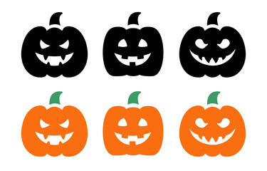 Pumpkin set. Jack-O-Lantern. Vector icons isolated on white background.