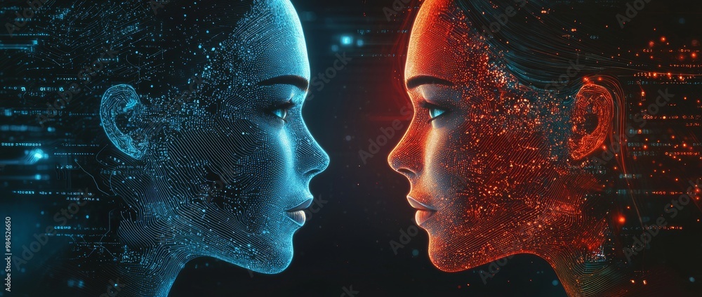 Aufkleber the image shows two faces that look like humans interacting with a digital interface.