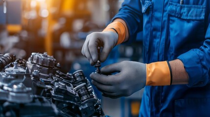 Worker conducting a visual inspection of automotive parts in a factory, automotive quality control, manufacturing inspection