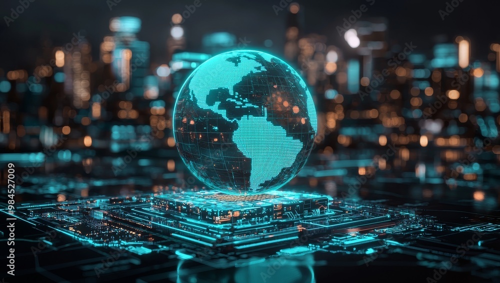 Poster digital interface featuring holographic globe and microchip illuminated by neon lights, representing