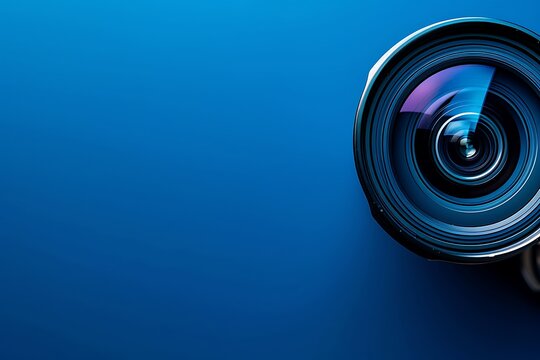 Camera lens on blue background