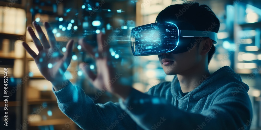 Poster a dedicated student uses a vr headset to explore ai and machine learning, enhancing their educationa