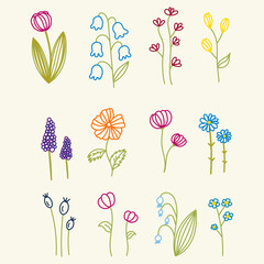 Hand illustration of a set of cute delicate plants flowers for decoupage