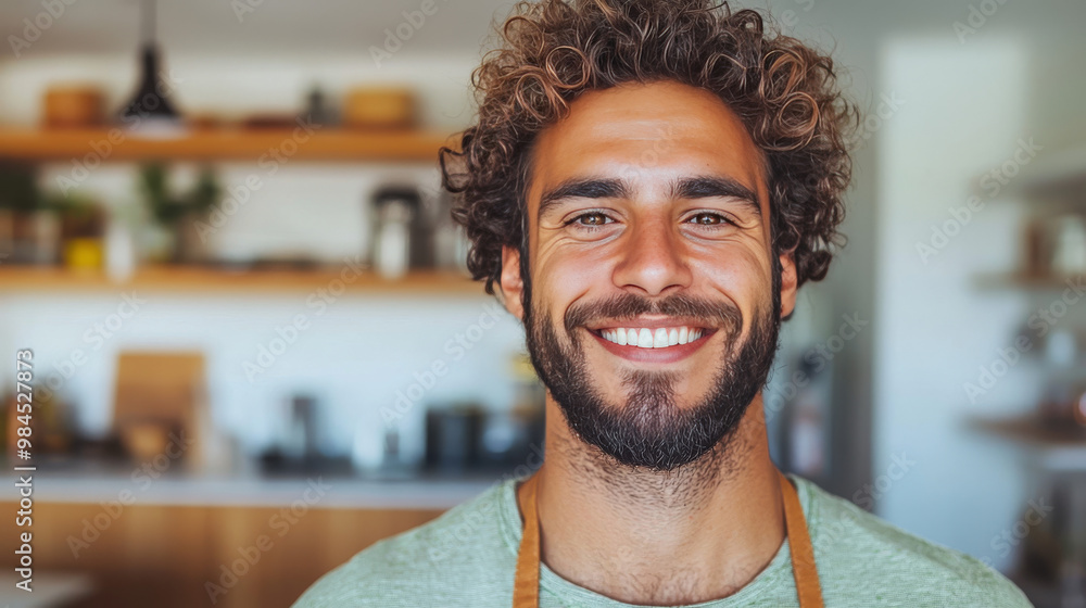 Sticker Smiling man with curly hair in a kitchen