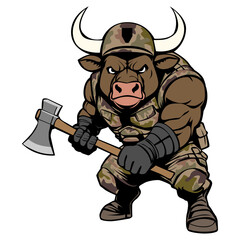 Muscular Bull Mascot With Axe In Tactical Camo Gear Vector Drawing