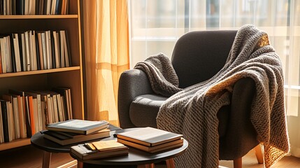 A cozy armchair with a throw blanket sits by a window with a stack of books on a coffee table.
