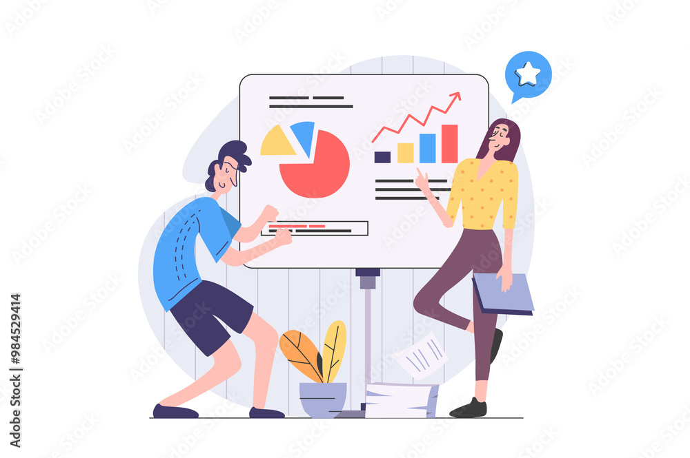 Poster business activities concept in modern flat design for web. colleague businessman and businesswoman d