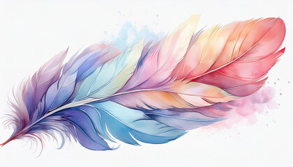 Watercolor painting of soft pastel colored feather isolated on white background. Hand drawn