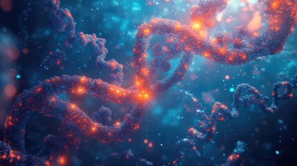 Genetic Symphony: Abstract DNA Strands and Cells on Blue Background Representing Medical Advancements