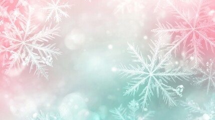 Soft snowflakes float gracefully, creating a serene atmosphere against a dreamy pastel backdrop at twilight. The tranquil colors blend beautifully, evoking a sense of winter wonder