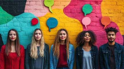 A diverse group of young adults stands together in front of a vibrant mural featuring colorful thought bubbles, highlighting the importance of mental health awareness for everyone