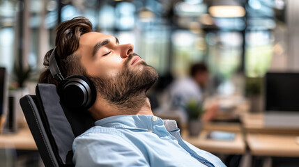 Fototapeta premium Man wearing noise-canceling headphones, focused and relaxed in a busy office environment, symbolizing the concept of noise cancellation and productivity enhancement.