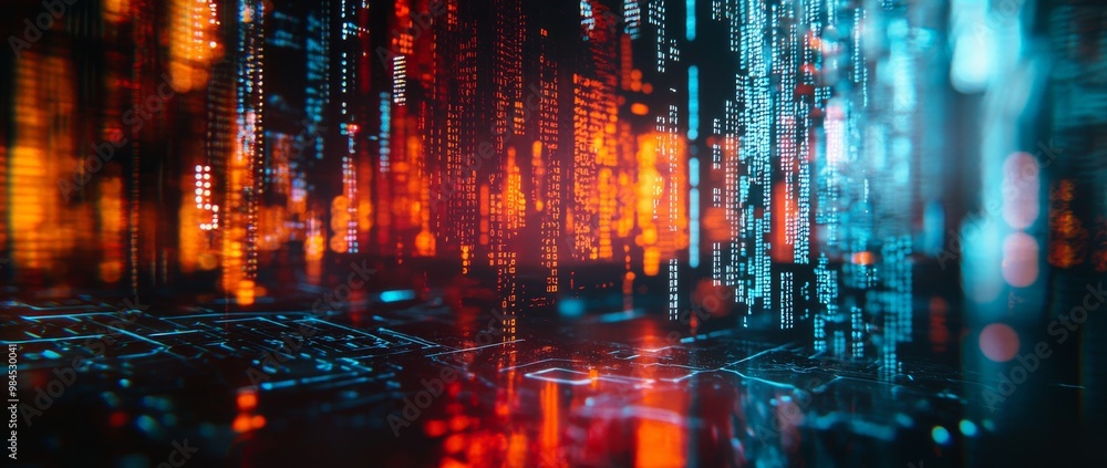 Poster data patterns and glowing lights make up a futuristic digital interface.
