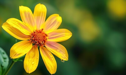 orange in the heart of a yellow blossom. The flower is the focal point of attention and is in full bloom against a fuzzy background, Generative AI.