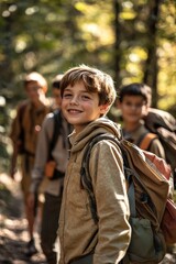 Fototapeta na wymiar Happy Boy Scout Hiking in the Woods with Friends