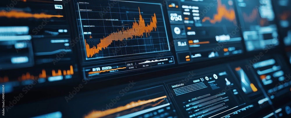 Wall mural analyzing financial data using graphs and data analytics on a digital interface.