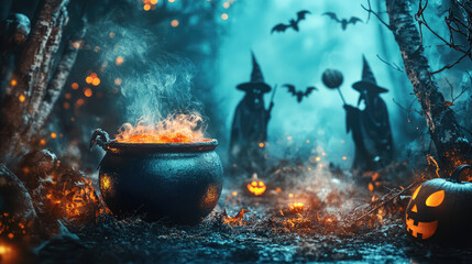 A black cauldron is filled with a glowing orange liquid